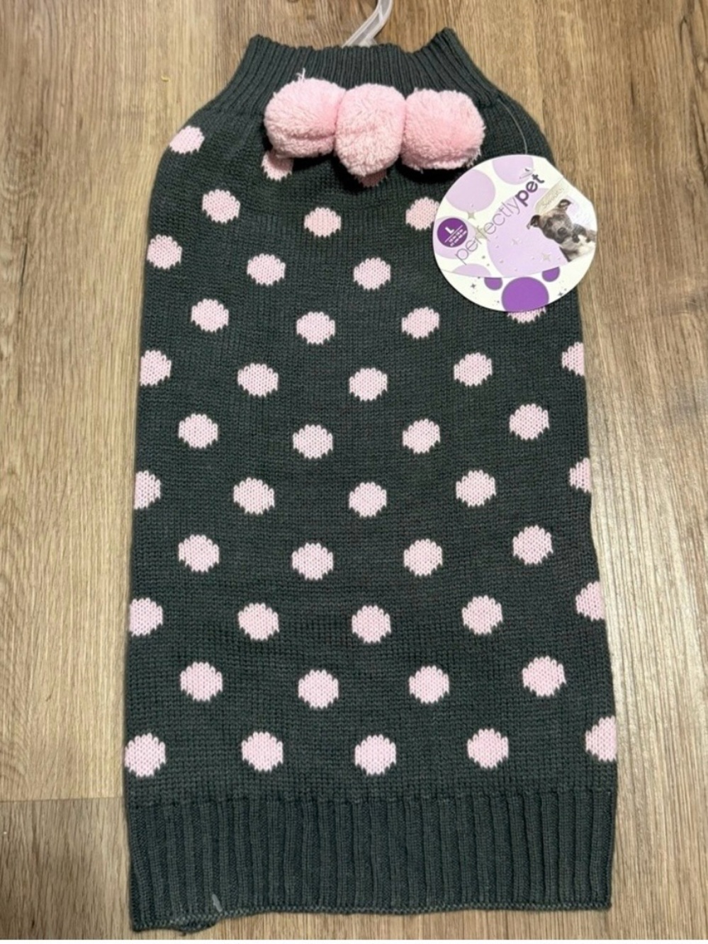 Perfectly Pet Dog Sweater Large Gray Pink Polka Dot Pom Pom Knit NWT